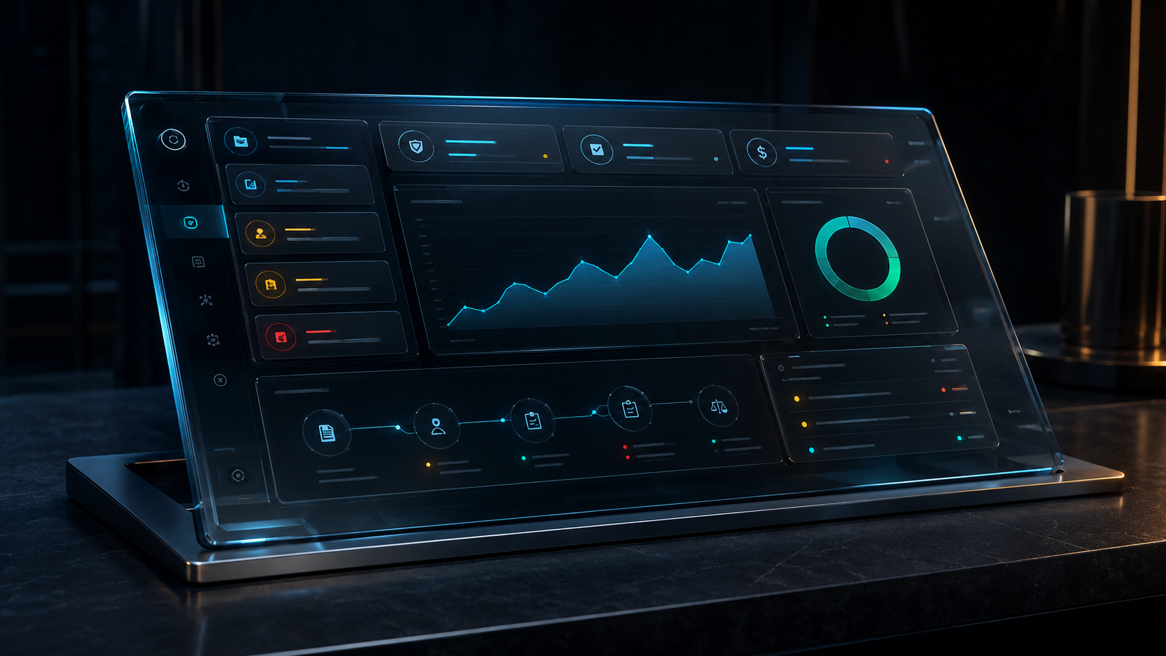 Dashboard executivo tridimensional da DRATOS com carteira, contratos, SLA e obrigações